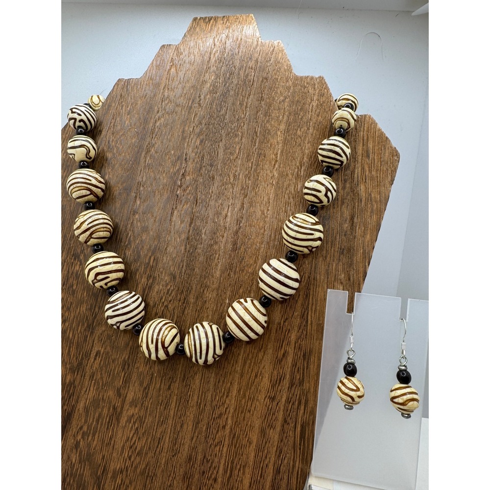 Zebra Stripe Beaded Necklace and Earrings Set Cream Brown Tribal Boho Chunky